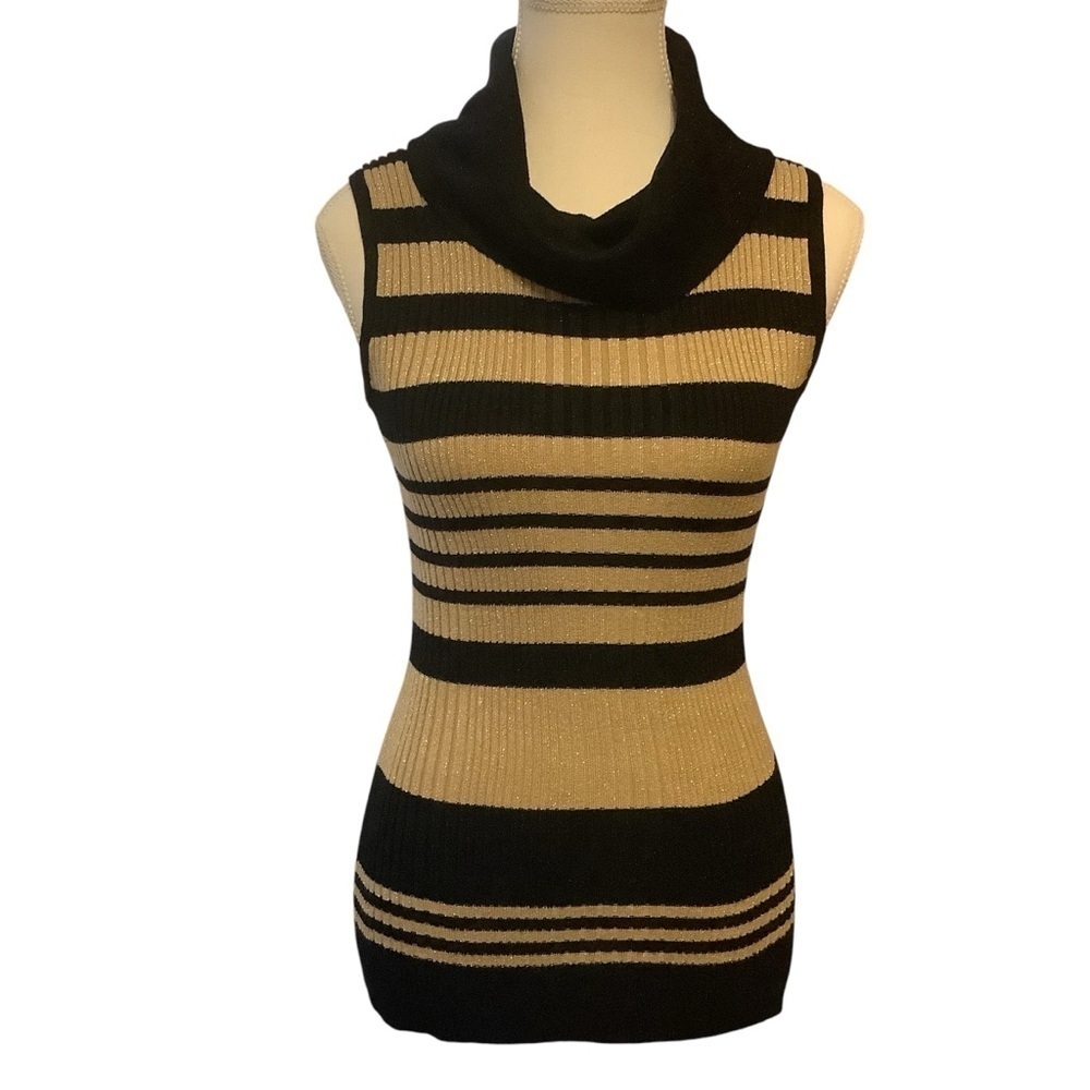 JOSEPH A BLACK & GOLD METALLIC STRIPED COWL NECK SLEEVELESS SWEATER/ TOP/ Size M
